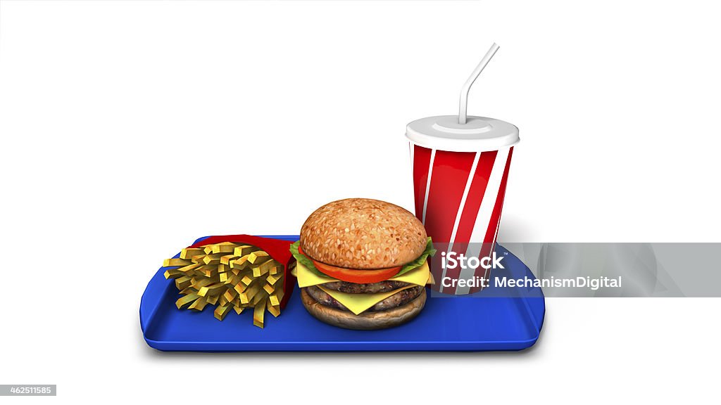 ハンバーガー、フライドポテトとソフトドリンクにブルーのトレイ - ファストフード店のロイヤリティフリーストックフォト