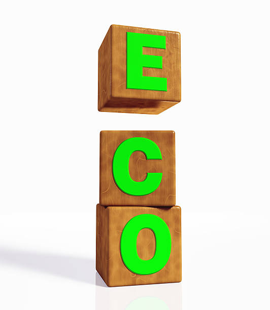 eco palabra compuesto por tres cubos vertical - organic single word environment block fotografías e imágenes de stock