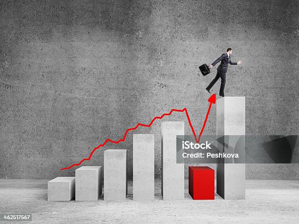 Man Jumping On Graph Stock Photo - Download Image Now - Adult, Architectural Column, Arrow Symbol