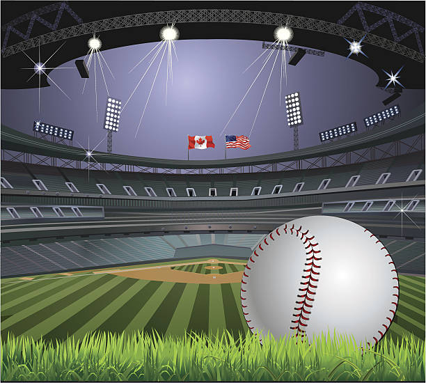 illustrazioni stock, clip art, cartoni animati e icone di tendenza di stadio di baseball.  bandiera degli stati uniti e canada - baseballs baseball stadium athlete