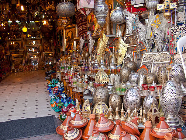 Moroccan store with iron products Moroccan store with iron products and utensils persian pottery stock pictures, royalty-free photos & images