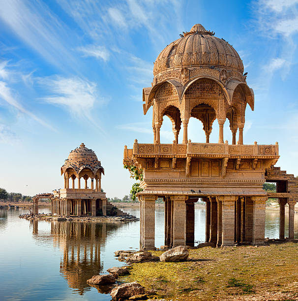 Gadi Sagar (Gadisar), Jaisalmer, Rajasthan, India, Asia Gadi Sagar (Gadisar) Lake is one of the most important tourist attractions in Jaisalmer, Rajasthan, North India.  Artistically carved temples and shrines around The Lake Gadisar Jaisalmer. thar desert stock pictures, royalty-free photos & images