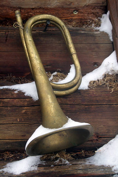Ramsau, Austria, December 10, 2012 old trumpet hanging on a wooden wall in the mountains of Ramsau, Austria