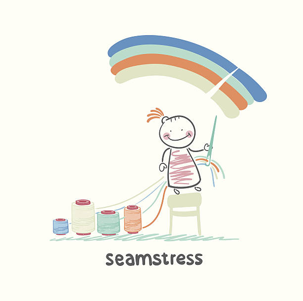 seamstress sewing colored threads vector art illustration