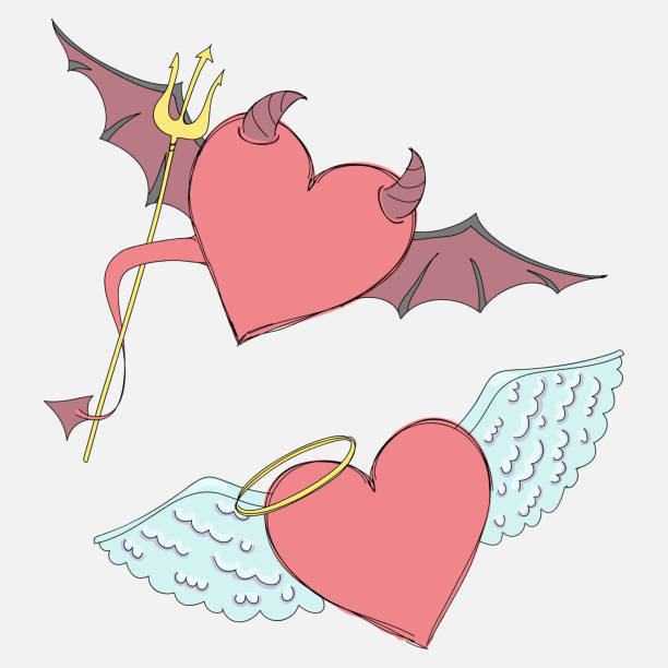 illustrazioni stock, clip art, cartoni animati e icone di tendenza di angel e devil cuore scarabocchio - trident devil horned demon