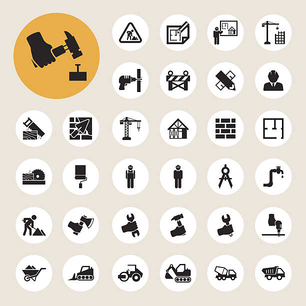 ilustraciones, imágenes clip art, dibujos animados e iconos de stock de conjunto de iconos de construcción - bulldozer dozer construction equipment construction machinery