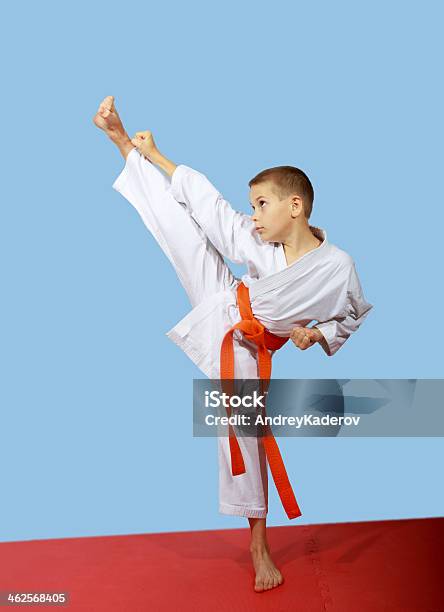 Sportsman In Kimono Performs A High Blow Foot Stock Photo - Download Image Now - Activity, Athlete, Boys