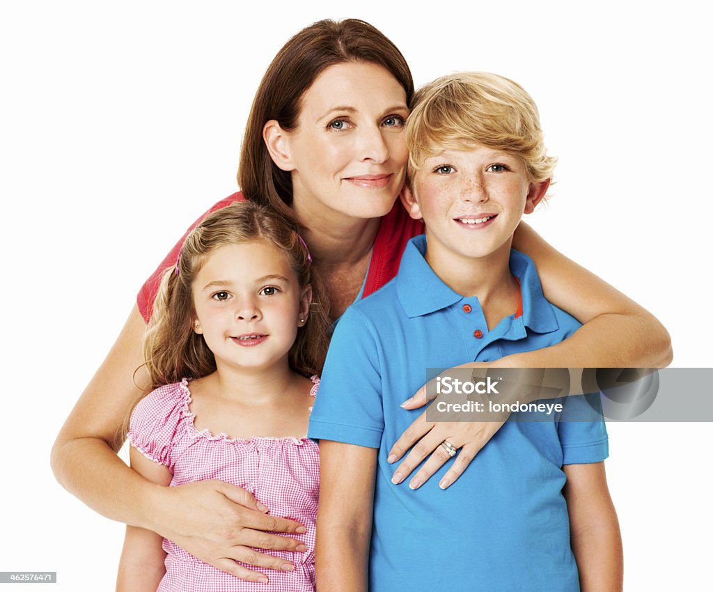 Loving Mother With Her Kids - Isolated Portrait of a loving mother with her adorable kids. Horizontal shot. Isolated on white. Cut Out Stock Photo