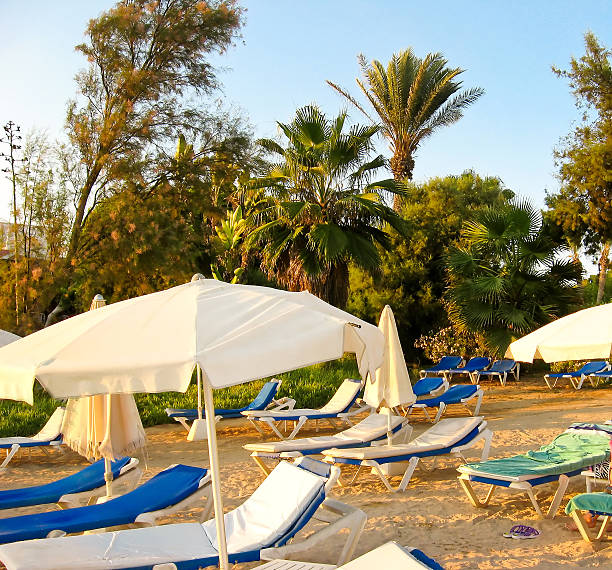 istock Beautiful sunny lounges near the pool 462578657