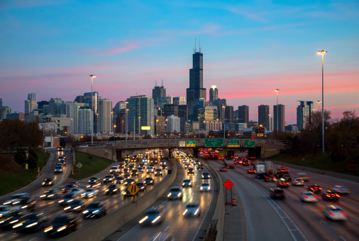 Chicago Traffic and Skyline at Dusk