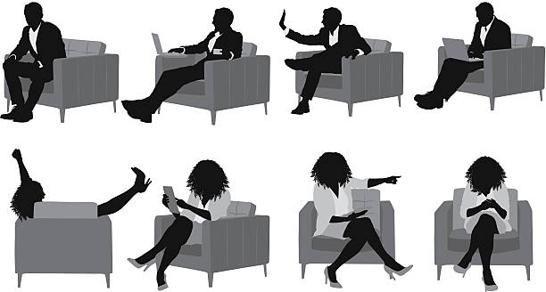 ilustrações, clipart, desenhos animados e ícones de pessoas de negócios, sentado em uma poltrona - no sofá com celular
