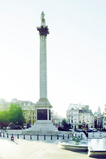 Trafalgar Square and Nelson's Column in London, on a sunny morning.