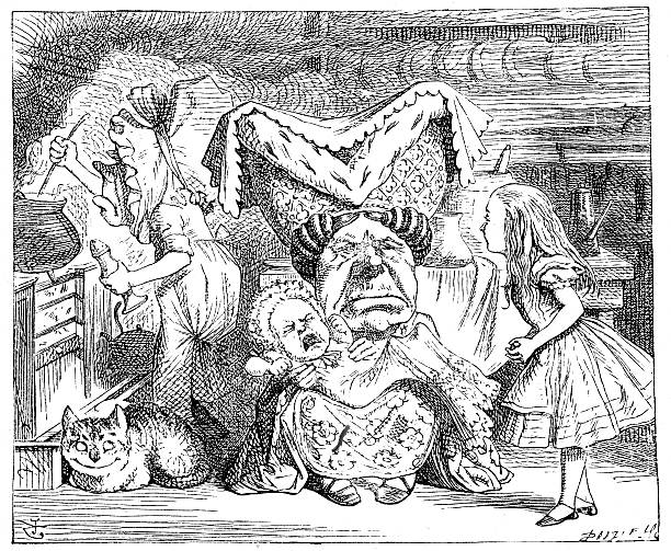 Alice in Wonderland - Pig and Pepper Vintage engraving of a scene from Alice in Wonderland - Pig and Pepper ugly people crying stock illustrations