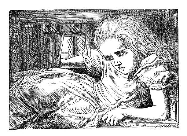 Alice in Wonderland Vintage engraving of a scene from Alice in Wonderland - Alice in the Rabbits house john tenniel stock illustrations