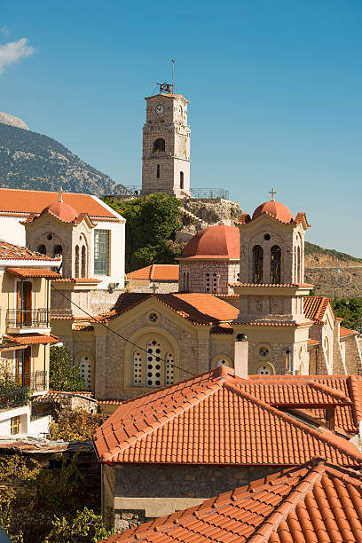 Arachova Greece Arachova Greece skyline with Saint George church arachova greece stock pictures, royalty-free photos & images