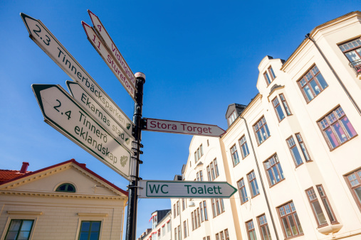 Sign posts to places in Linkoping, Sweden
