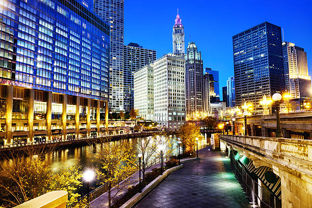 Chicago River Walk at Dusk  michigan avenue chicago stock pictures, royalty-free photos & images