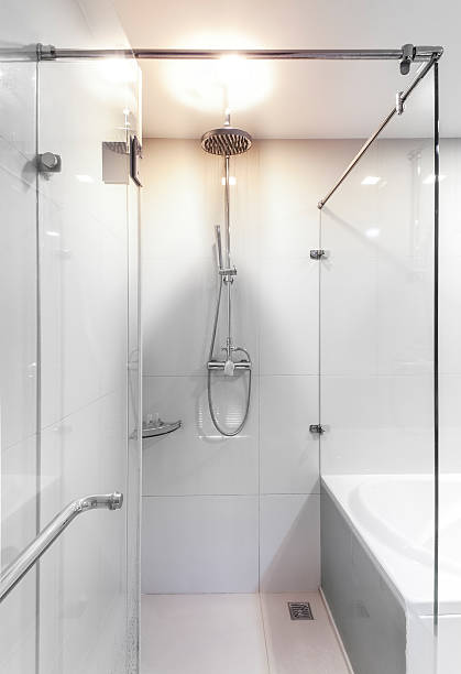 Modern shower with water stream. stock photo