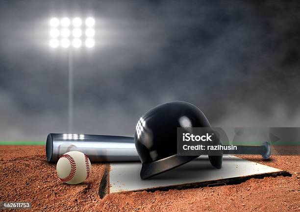 Baseball Equipment Under Spotlight Stock Photo - Download Image Now - Baseball - Ball, Night, Leisure Games