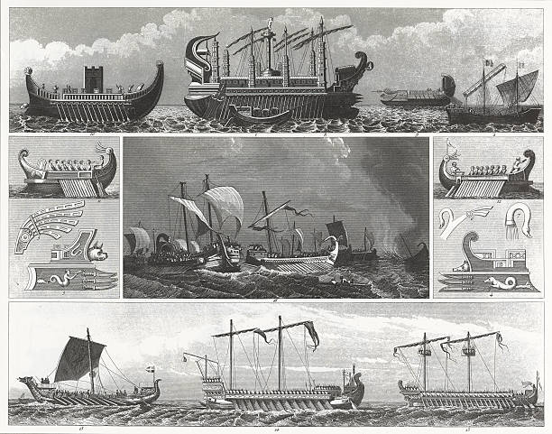 Engraving: Medieval Sea Vessels Engraved illustrations of the Sea Vessels of Ancient Times and the Dark Ages from Iconographic Encyclopedia of Science, Literature and Art, Published in 1851. Copyright has expired on this artwork. Digitally restored. phoenicia stock illustrations