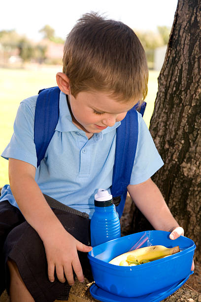 Recess Recess time at school. Little Australian school boy with his lunch box. food elementary student healthy eating schoolboy stock pictures, royalty-free photos & images