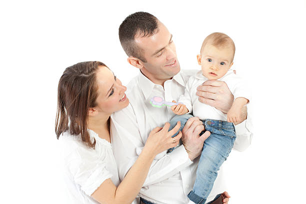 Happy family of three shot on white background