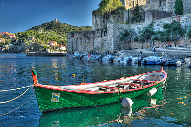 Dinghy in Collioure Harbour, France stock photo