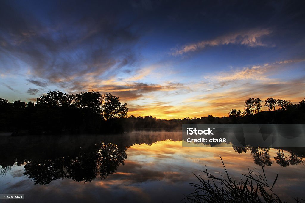 Sunrise clouds reflection and mist on a lake Sunrise clouds reflection and mist on a lake in autumn, on a sunny day Animal Stock Photo