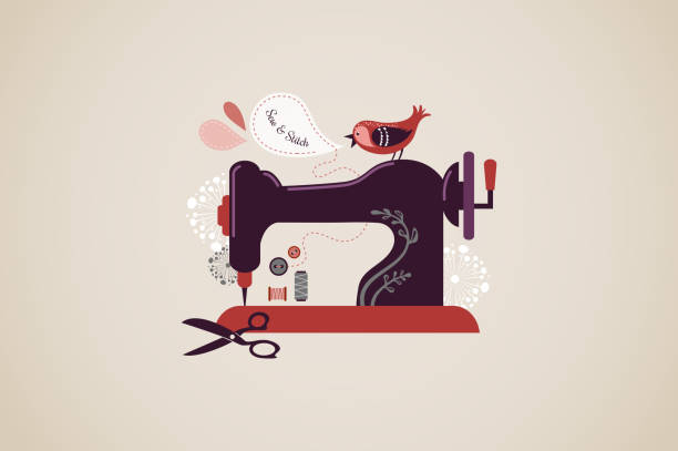 illustrazioni stock, clip art, cartoni animati e icone di tendenza di vintage macchina per cucire - sewing tailor sewing machine needlecraft product