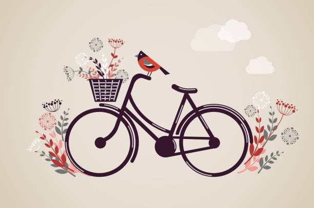 Vintage Retro Bicycle Background Vintage Retro Bicycle Background with flowers and bird bicycle basket stock illustrations