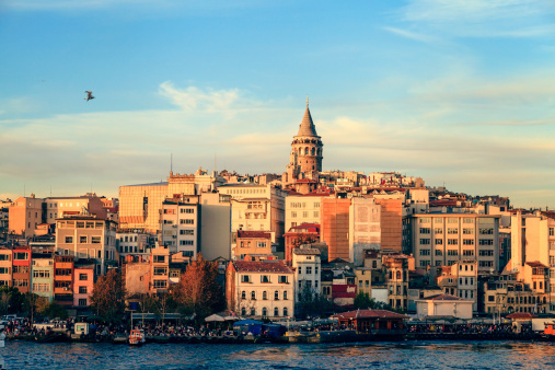 The Galata Tower and Golden Horn from Galata Bridge, Istanbul, Turkey