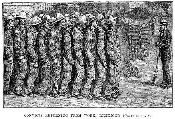 Vintage engraving of Convicts returning from work, Richmond Penitentiary, Virginia, USA. 1882
