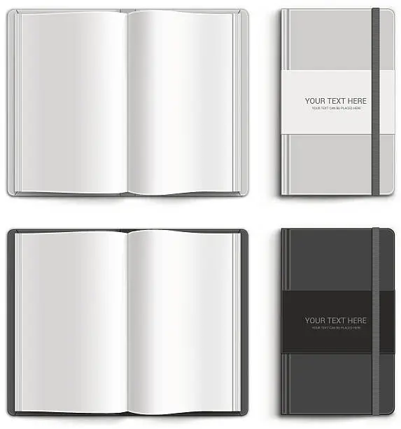 Vector illustration of Two open blank notebooks and two closed notebooks