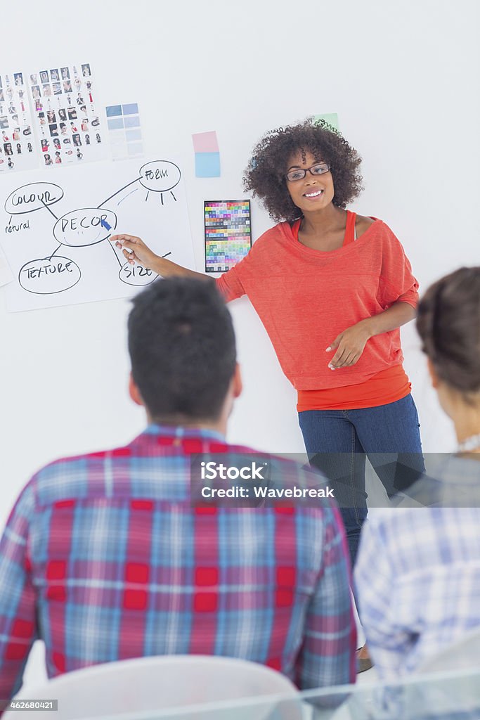 Interior designer pointing at a wall during doing brainstorming Interior designer pointing at a wall with a sketch during a brainstorming 20-29 Years Stock Photo