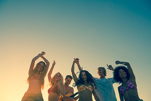 istock Group of friends having a party at sunset 462681555
