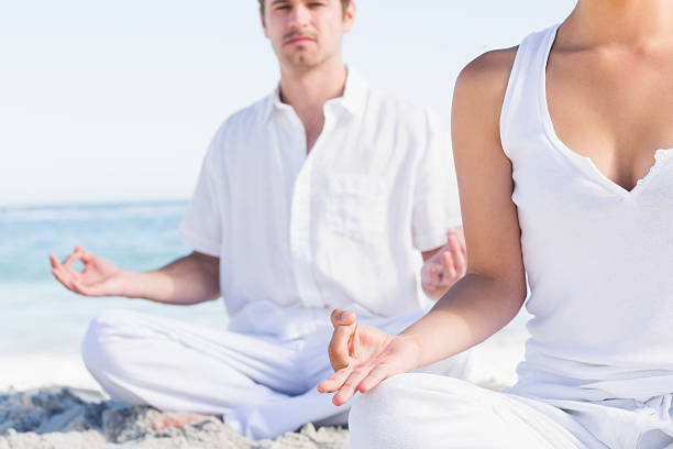 istock Calm couple meditating together in lotus position 462681643