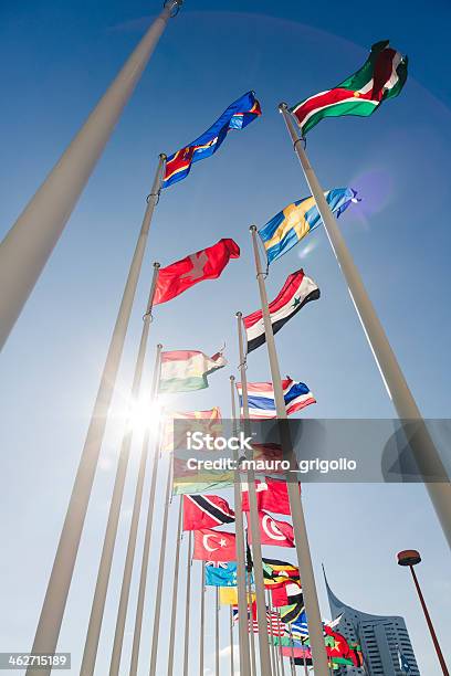 Flags Of Vienna International Centre Stock Photo - Download Image Now - United Nations Building, United Nations, Building Exterior