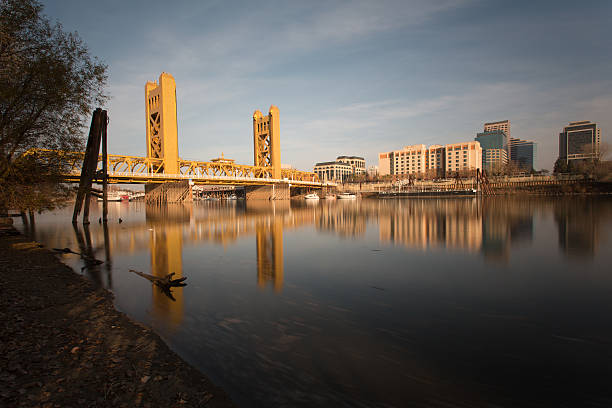 Sacramento California skyline tower bridge river reflection stock photo