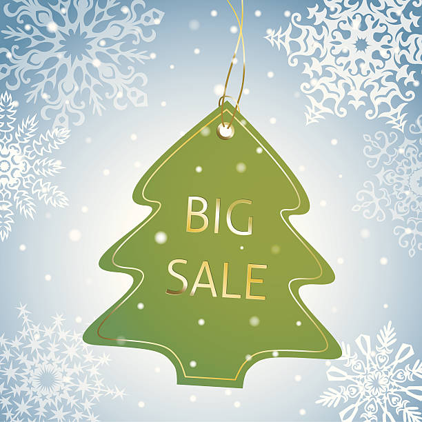 ilustrações, clipart, desenhos animados e ícones de árvore de natal de etiqueta de venda em fundo de neve - price tag label gift tag symbol