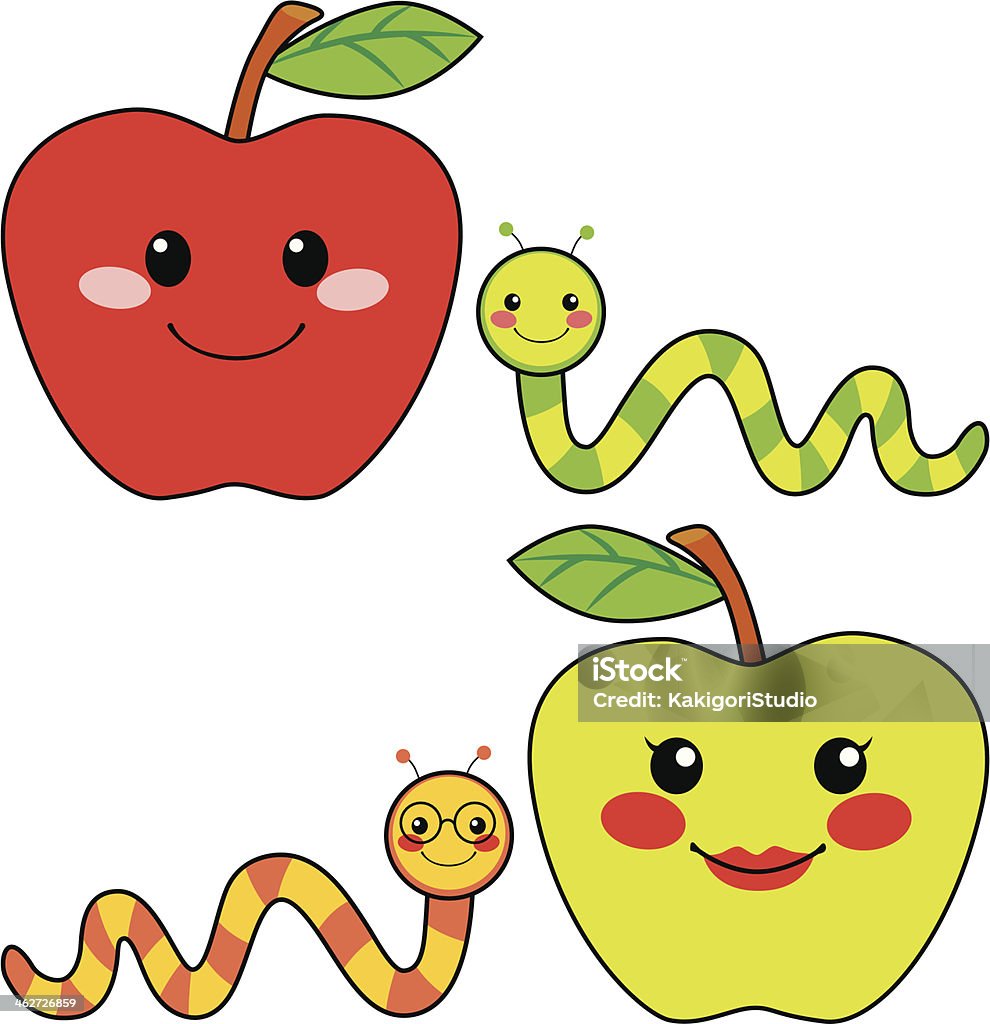 Sweet Apple Friends Sweet green and red apples with cute worm friends smiling Apple - Fruit stock vector