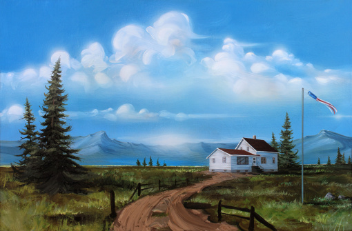This is an oil painting I made in 2005 on stretched canvas, showing a white house with pines trees, a flagpole, mountains and an old dirt driveway. The original painting measures 24\