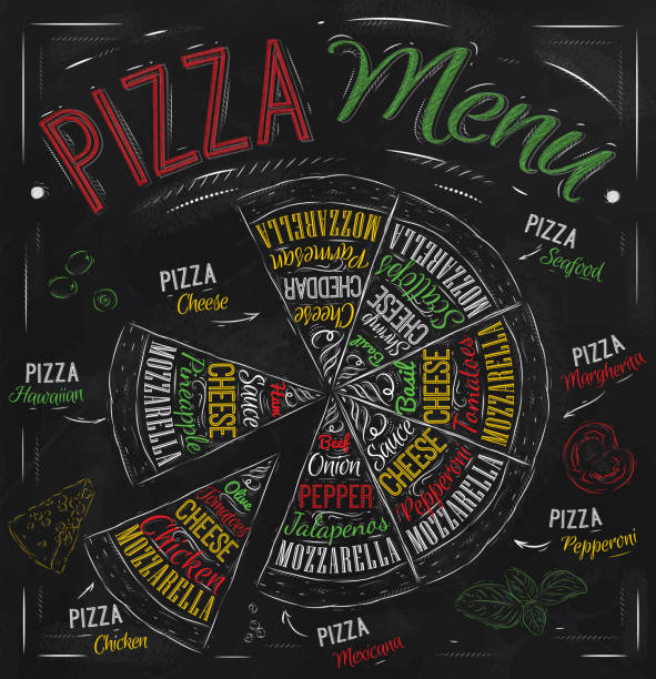 피자 메뉴판 그림이요 색상 분필 굴절률은 blackboard - pizza illustration and painting italian cuisine salami stock illustrations