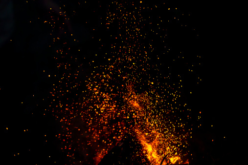 blurred background of a campfire with shower of sparks.
