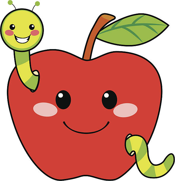 Sweet Apple Worm Cute green worm happy in love with sweet red apple caterpillar eating apple stock illustrations