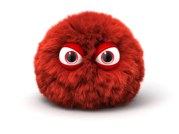 Furry red angry monster. Cartoon spherical character..Digitally generated 3D image. Isoilated on white background.