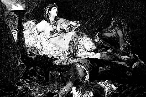 antyczne ilustracja przedstawiająca kleopatra's zgon - death bed illustration and painting engraving stock illustrations
