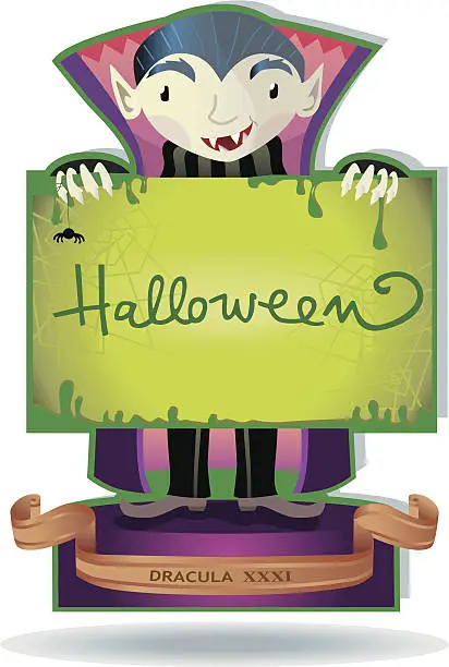 Vector illustration of cute Dracula with Halloweensign.