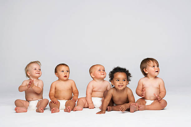 Babies Sitting Side-By-Side Looking Away Row of multiethnic babies sitting side by side looking away isolated on gray background babyhood photos stock pictures, royalty-free photos & images