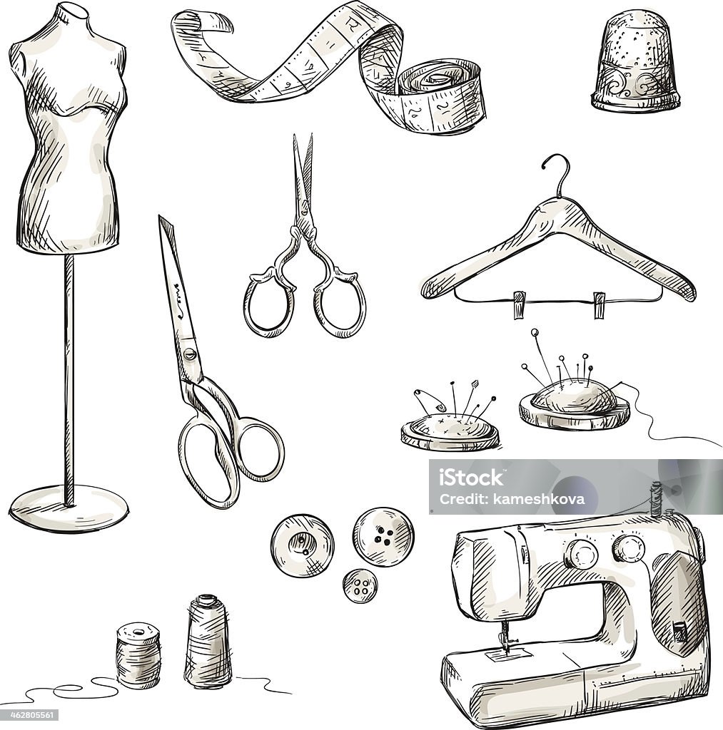 Set Of Sewing Accessories Drawings Stock Illustration - Download Image Now  - Drawing - Art Product, Coathanger, Sewing - iStock