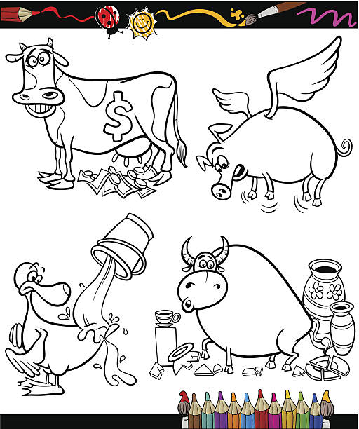 illustrations, cliparts, dessins animés et icônes de expressions imagées cartoon fixé pour cahier de coloriage de livre - when pigs fly